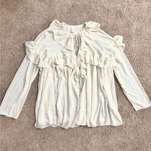 H&M Chiffon Blouse Women size Small Ivory Flounced Ruffle Sheer Long Sleeve Top
